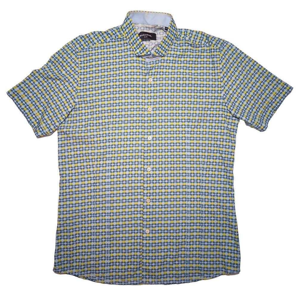 BOGOSSE Men's Short Sleeve Button Shirt Yellow Blue Geometric XL